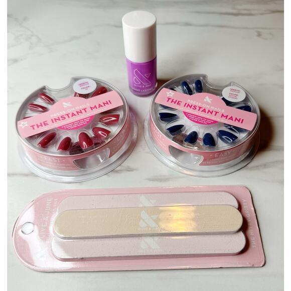 Olive & June Nail Bundle Instant Mani Press-On Nails Red & Navy Polish Nail File - Picture 1 of 12